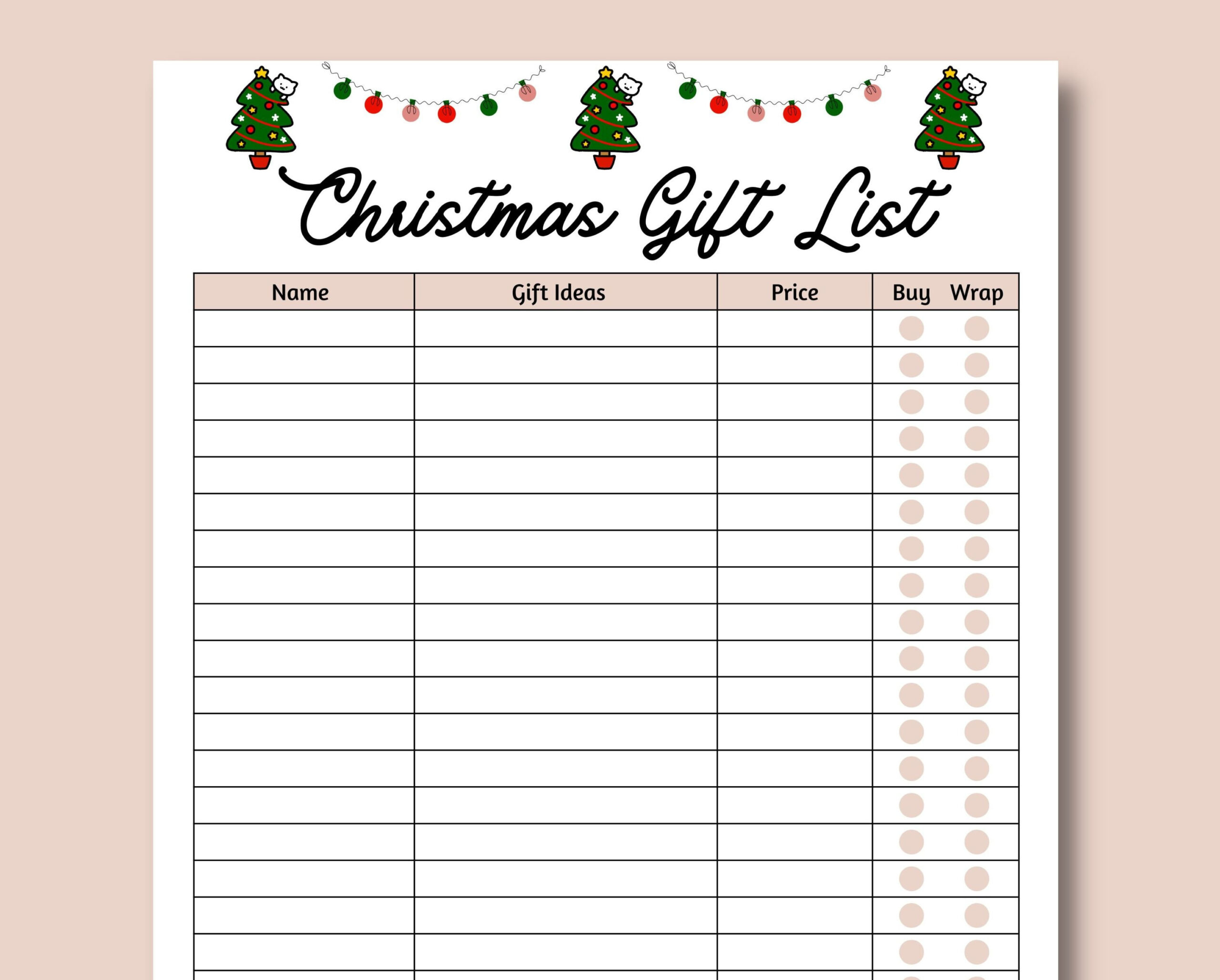 Christmas Gift List Editable Fillable Pdf Printable Christmas regarding Christmas Shopping List Templates