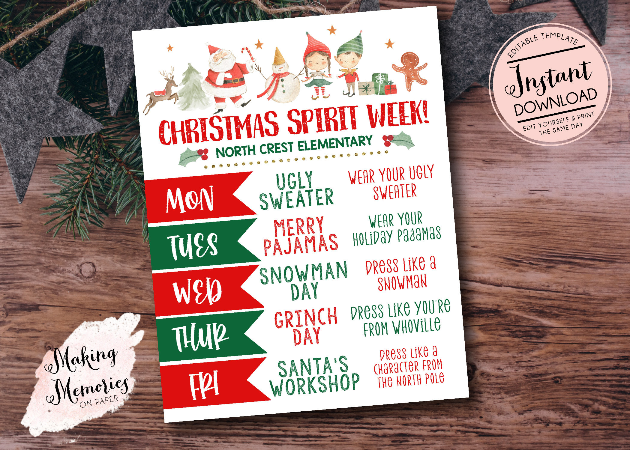 Christmas Spirit Week Template, Spirit Week Schedule, Winter with Christmas Spirit Week Templates