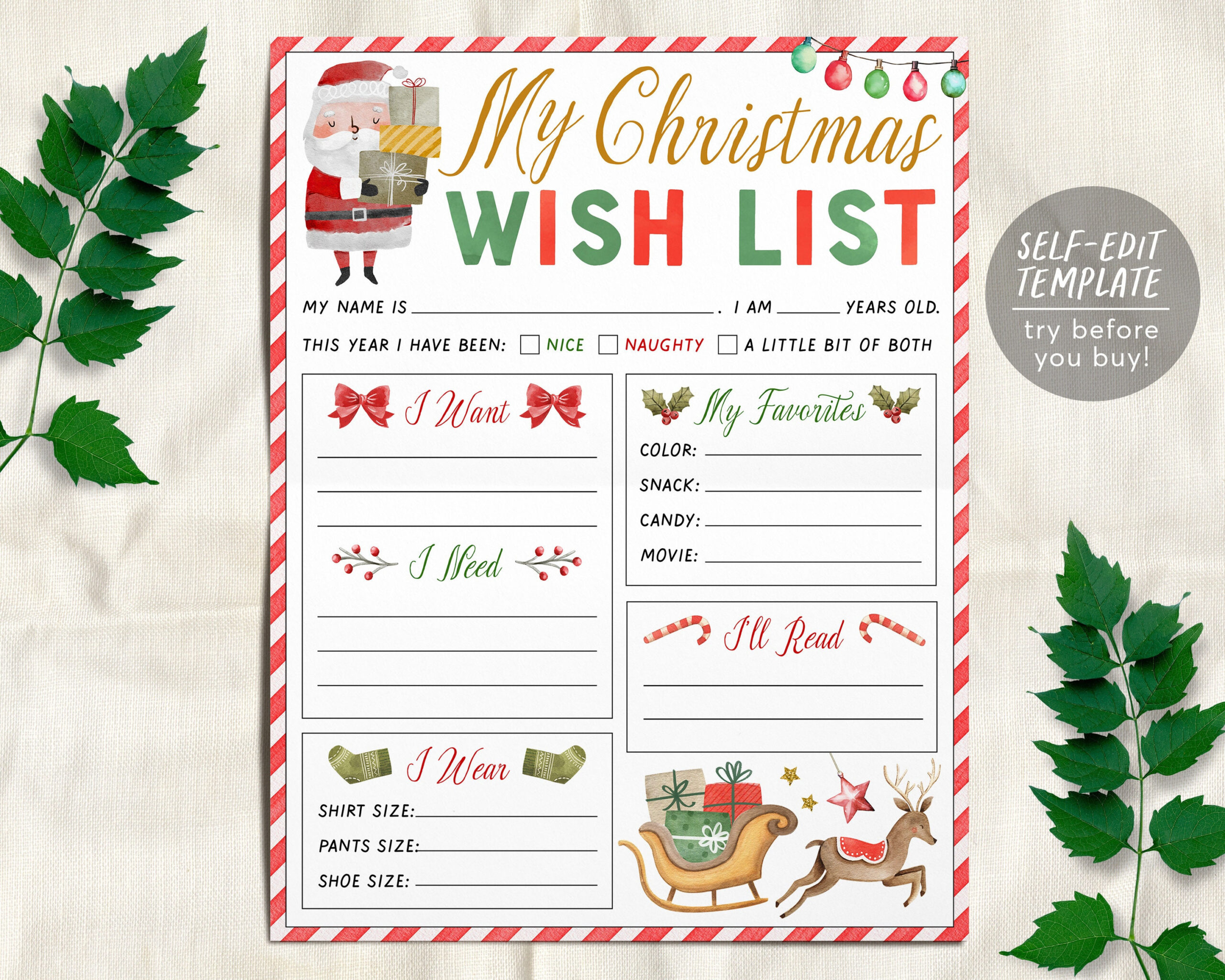 Christmas Wish List For Kids Editable Template, Personalized throughout Christmas Present List Templates