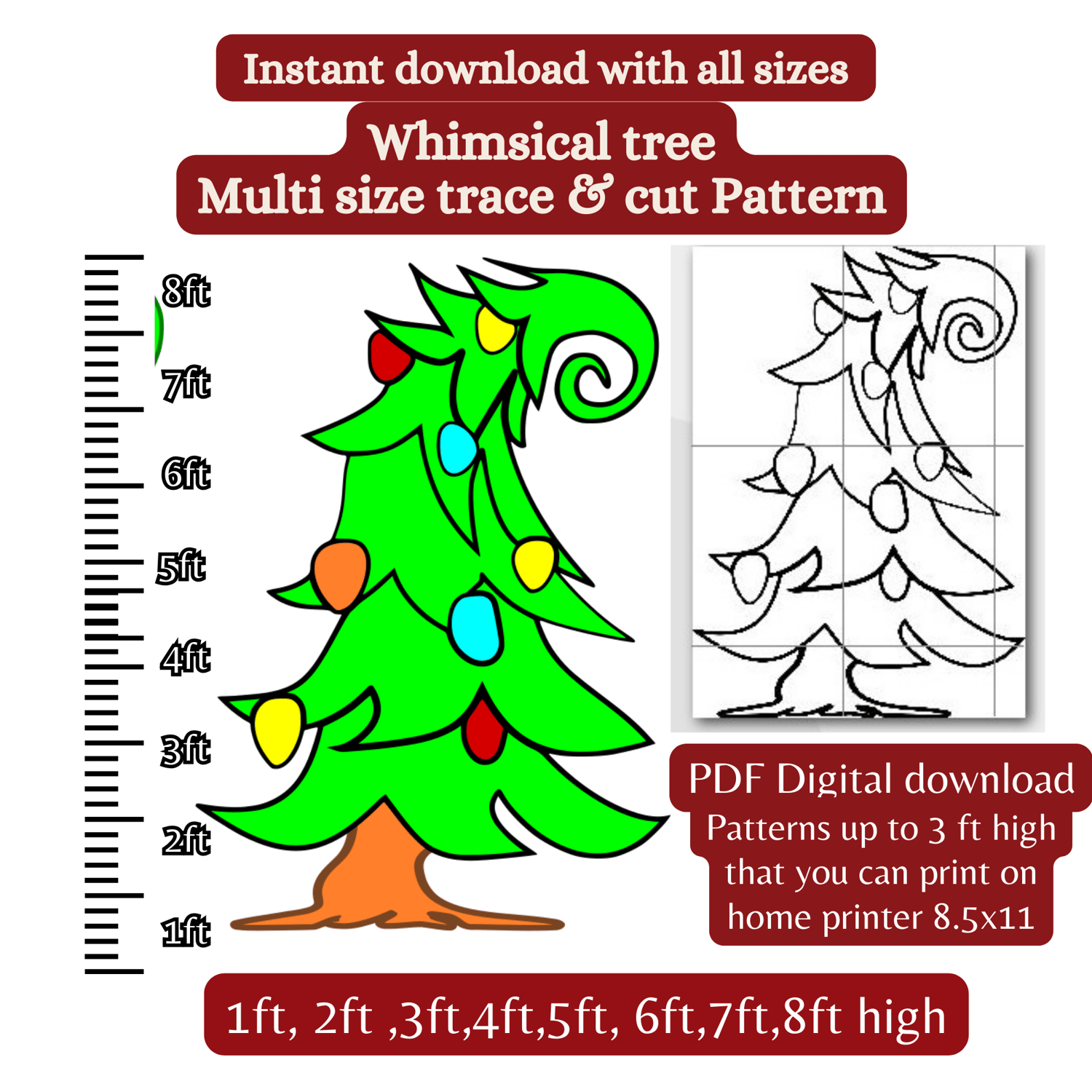 Whoville Tree, Mean One ,Traceable Pattern, 1Ft 2Ft 3Ft 4Ft, 5Ft with Whoville Christmas Tree Templates