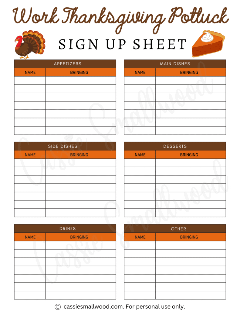 10 Cute Thanksgiving Potluck Sign Up Sheets - Cassie Smallwood with Free Printable Fall Potluck Sign Up Sheet Template