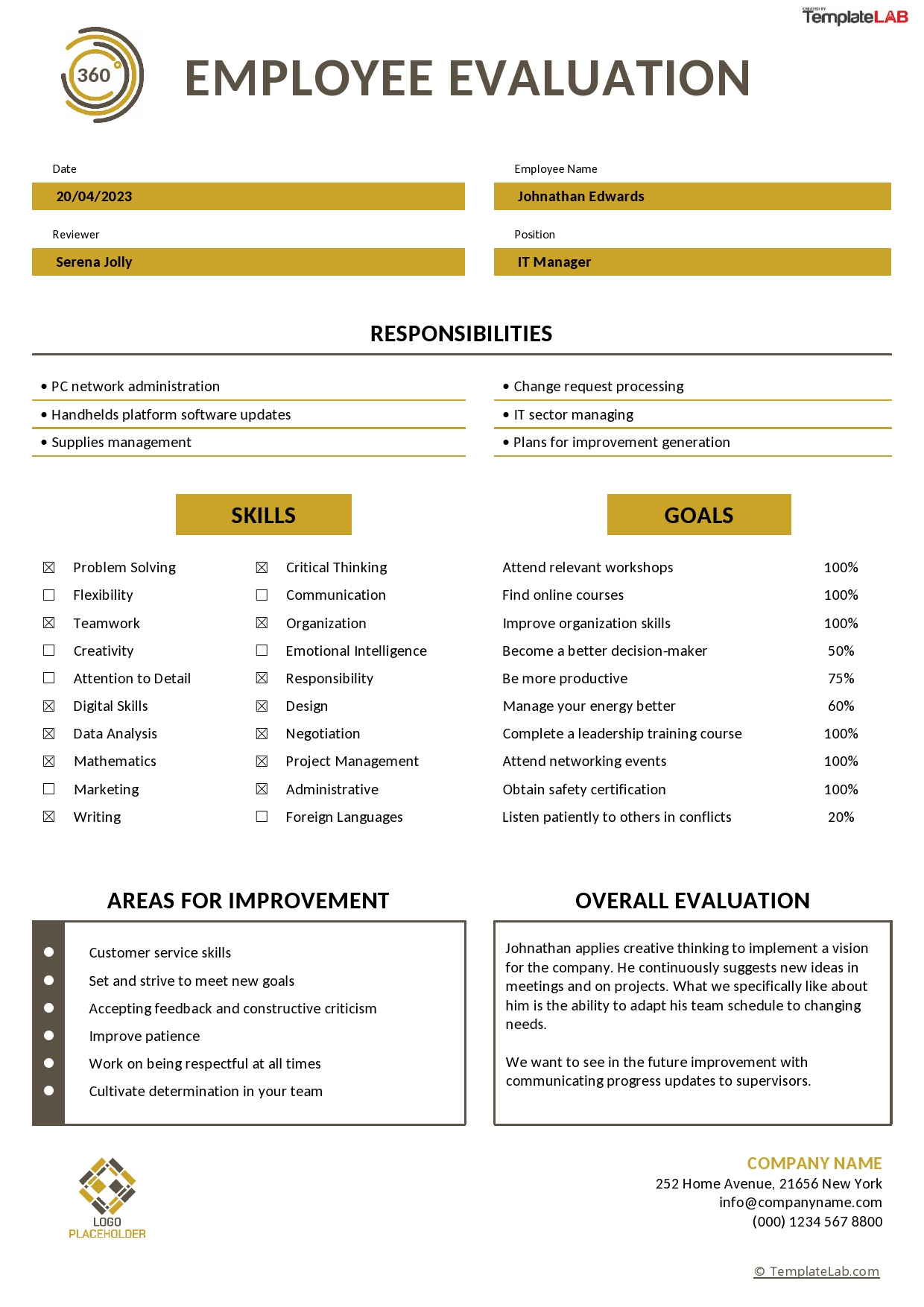 12 Perfect Employee Evaluation Templates [Free] - Templatelab regarding Free Printable Employee Evaluation Template