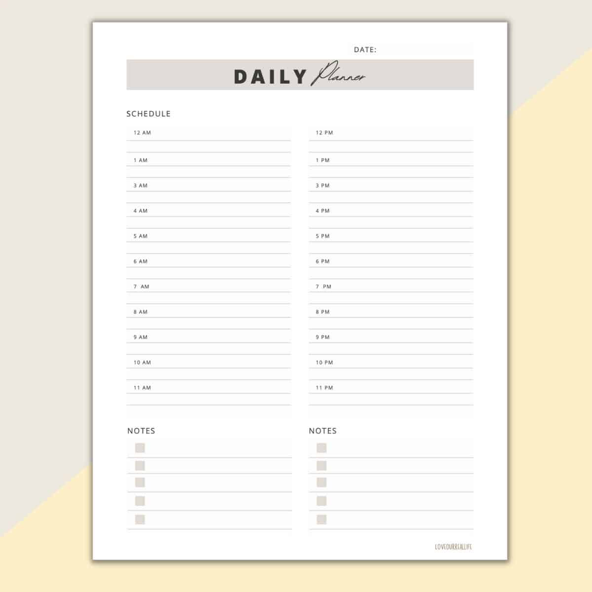 24 Hour Daily Schedule Template - 1 Page Layout (Printable inside Free Printable 24 Hour Daily Planner Template