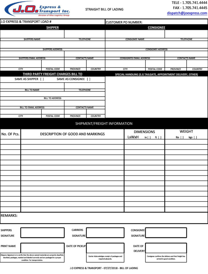 Free Printable Bill of Lading Template