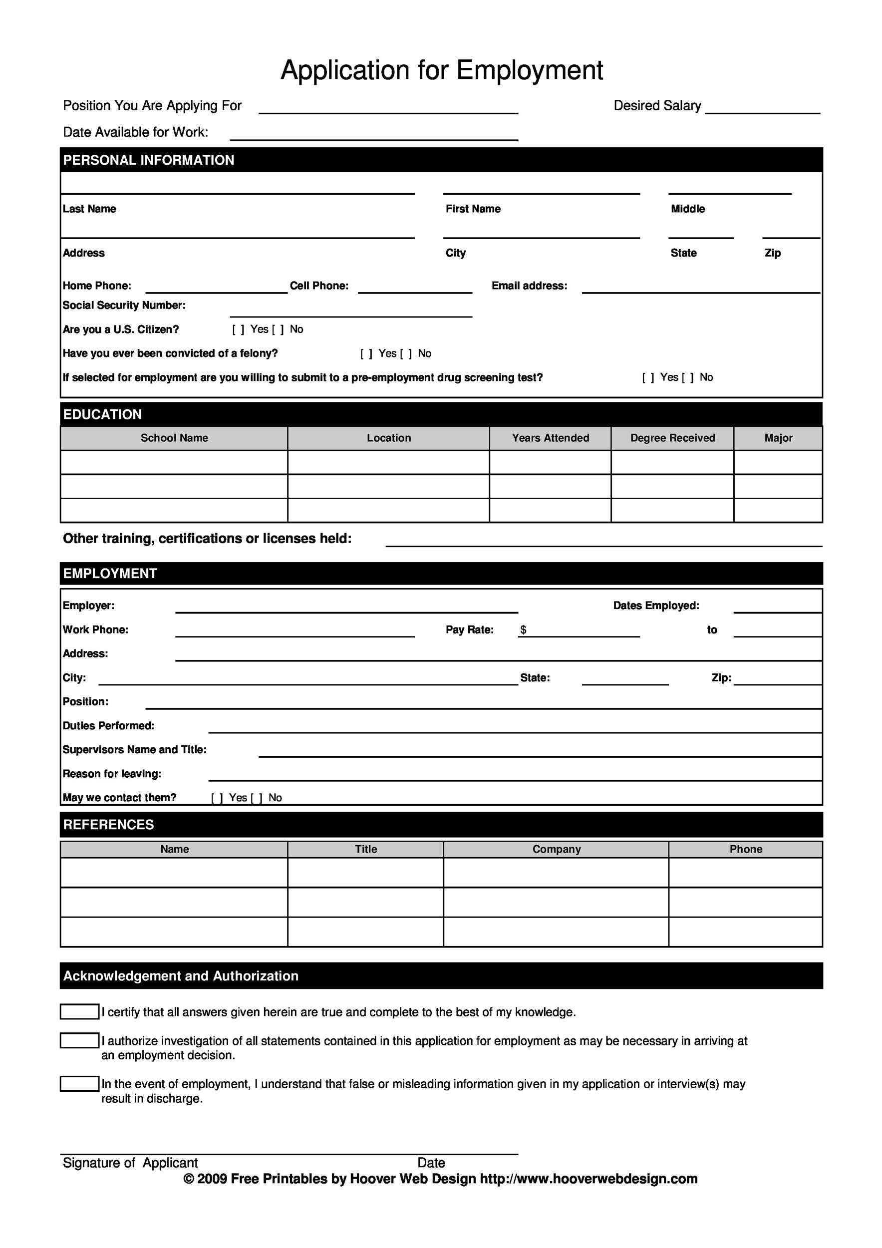 50 Free Employment / Job Application Form Templates [Printable] ᐅ with Free Printable Application For Employment Template