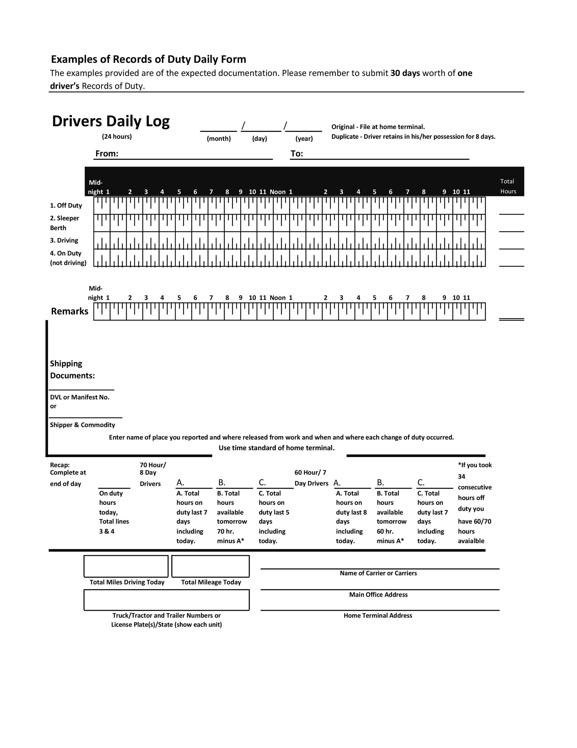 50 Printable Driver&amp;#039;S Daily Log Books [Templates &amp;amp; Examples] in Free Printable Driver Daily Log Sheet Template
