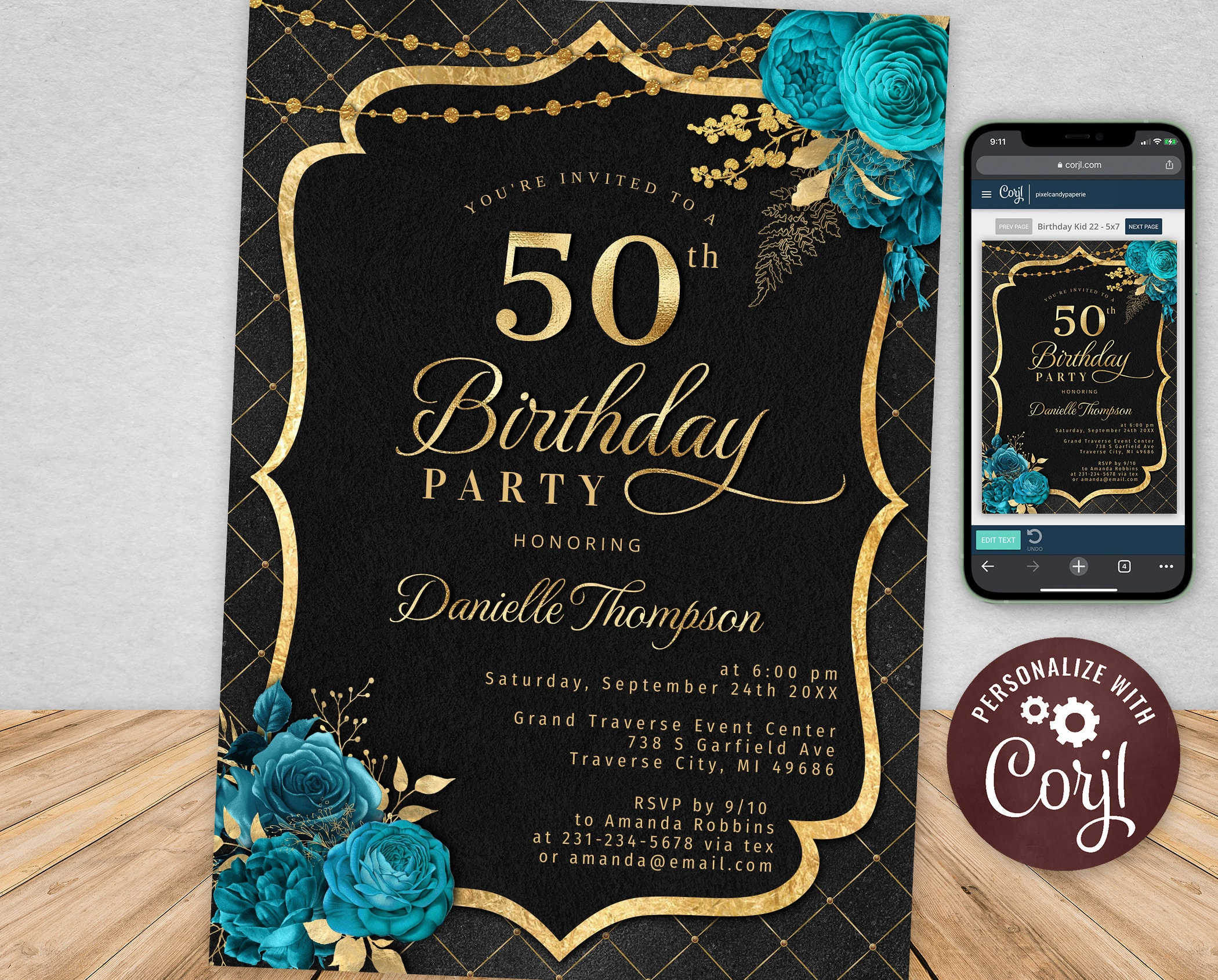 50Th Birthday Invitation Template Elegant Invite Black With Teal regarding Free Printable 50&amp;amp;#039;s Party Invitation Template Free