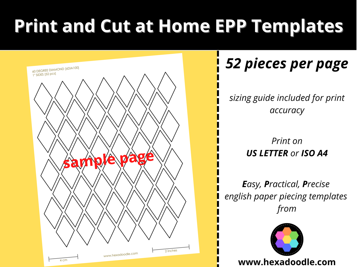 6Dia100 - 60° Degree Diamond - Epp Print And Cut At Home Templates - 1 Inch Sides For Printing And Cutting Out At Home. 52 Diamonds Per Page. for Free Printable English Paper Piecing Template Diamonds