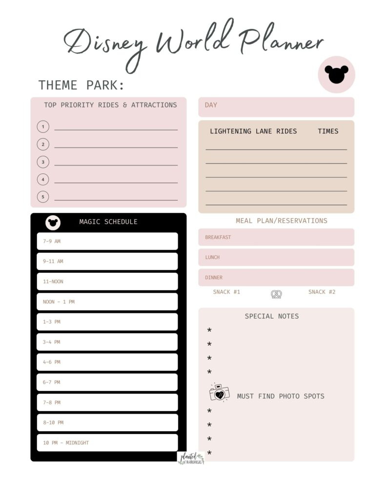 7 Day Disney World Itinerary With Free Disney Planning Printables inside Free Printable Disney Itinerary Template