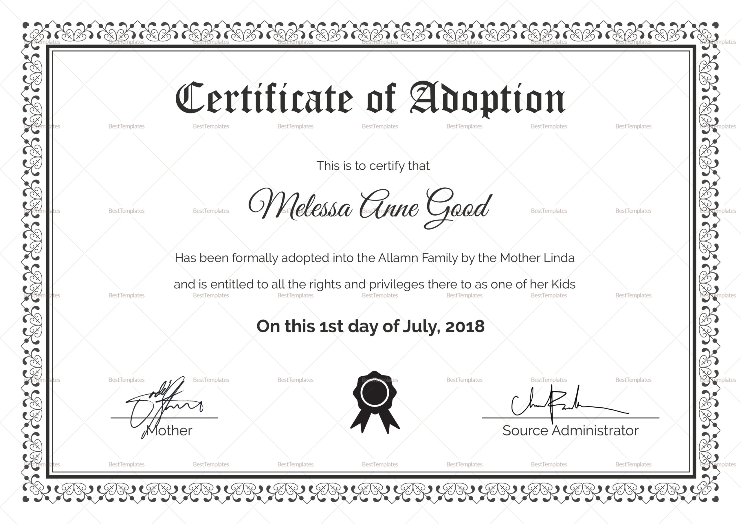 Adoption Certificate Design Template In Psd, Word inside Free Printable Adoption Certificate Template