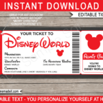 Any Occasion Surprise Trip To Disney World   Colors Pertaining To Free Printable Disney World Ticket Template