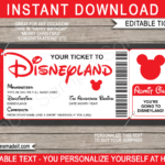 Any Occasion Surprise Trip To Disneyland   Colors Intended For Free Printable Disneyland Ticket Template