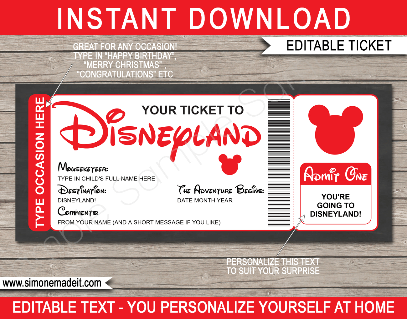 Any Occasion Surprise Trip To Disneyland - Colors intended for Free Printable Disneyland Ticket Template