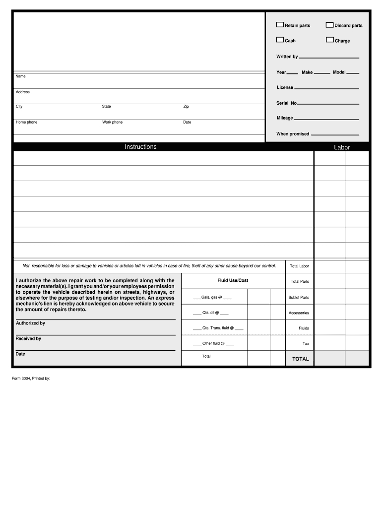 Auto Repair Work Form - Fill Online, Printable, Fillable, Blank for Free Printable Auto Repair Work Order Template