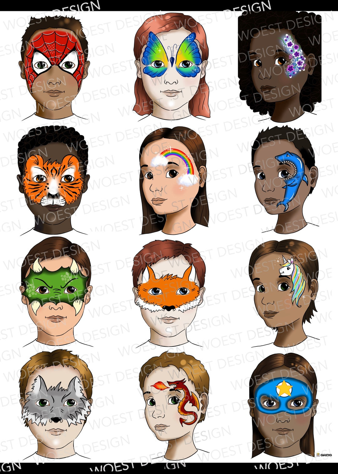 Basic Set A Digital Download Face Paint Design Board Face Painting intended for Free Printable Face Painting Template