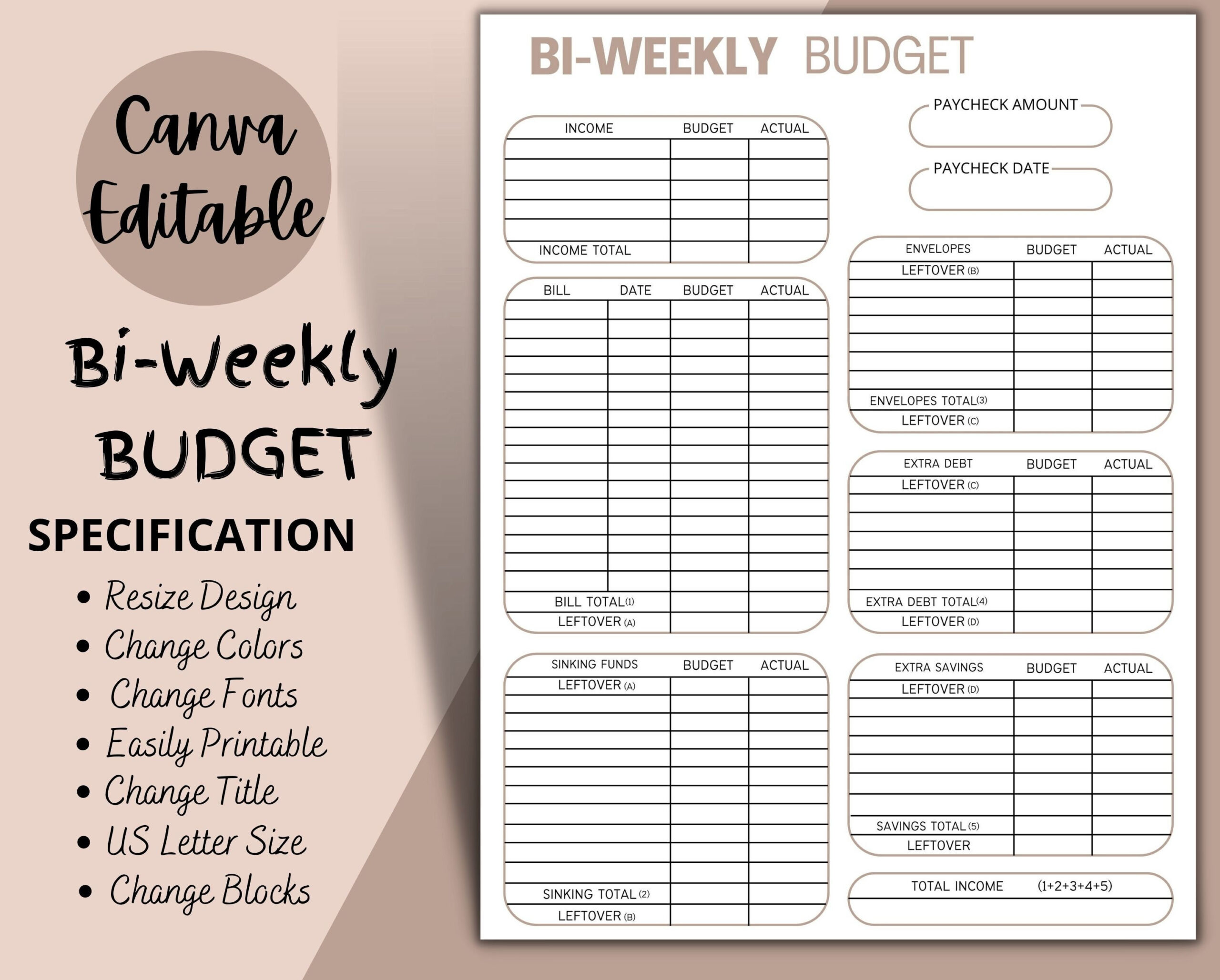 Bi-Weekly Budget Overview Template Printable, Canva Editable inside Free Printable Bi Weekly Budget Template