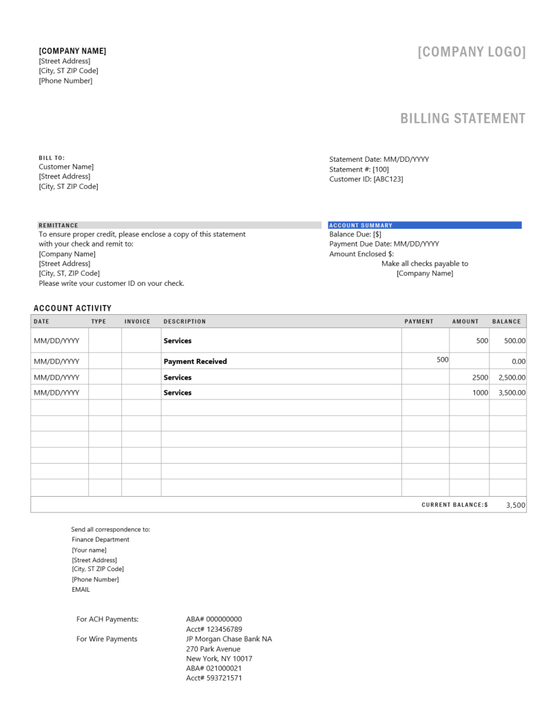 Billing Template | Free Download with Free Printable Billing Statement Template