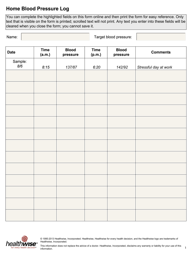 Blood Pressure Chart - Fill Online, Printable, Fillable, Blank with regard to Free Printable Blood Pressure Chart Template