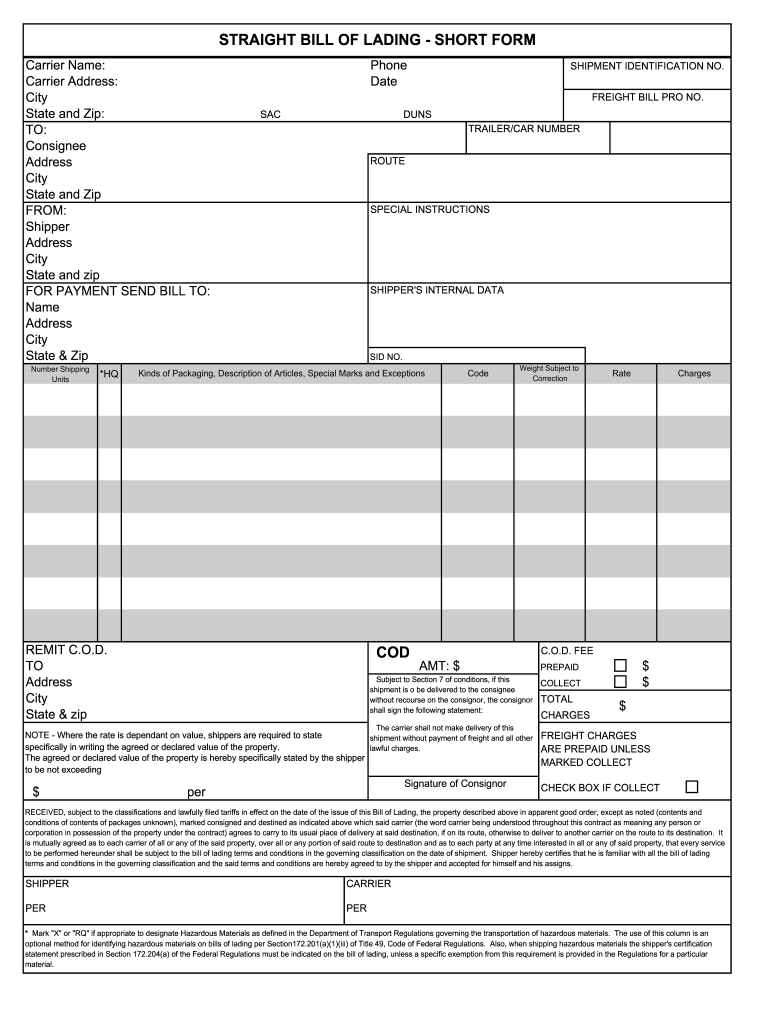 Bol Template - Fill Online, Printable, Fillable, Blank | Pdffiller intended for Free Printable Bill of Lading Template