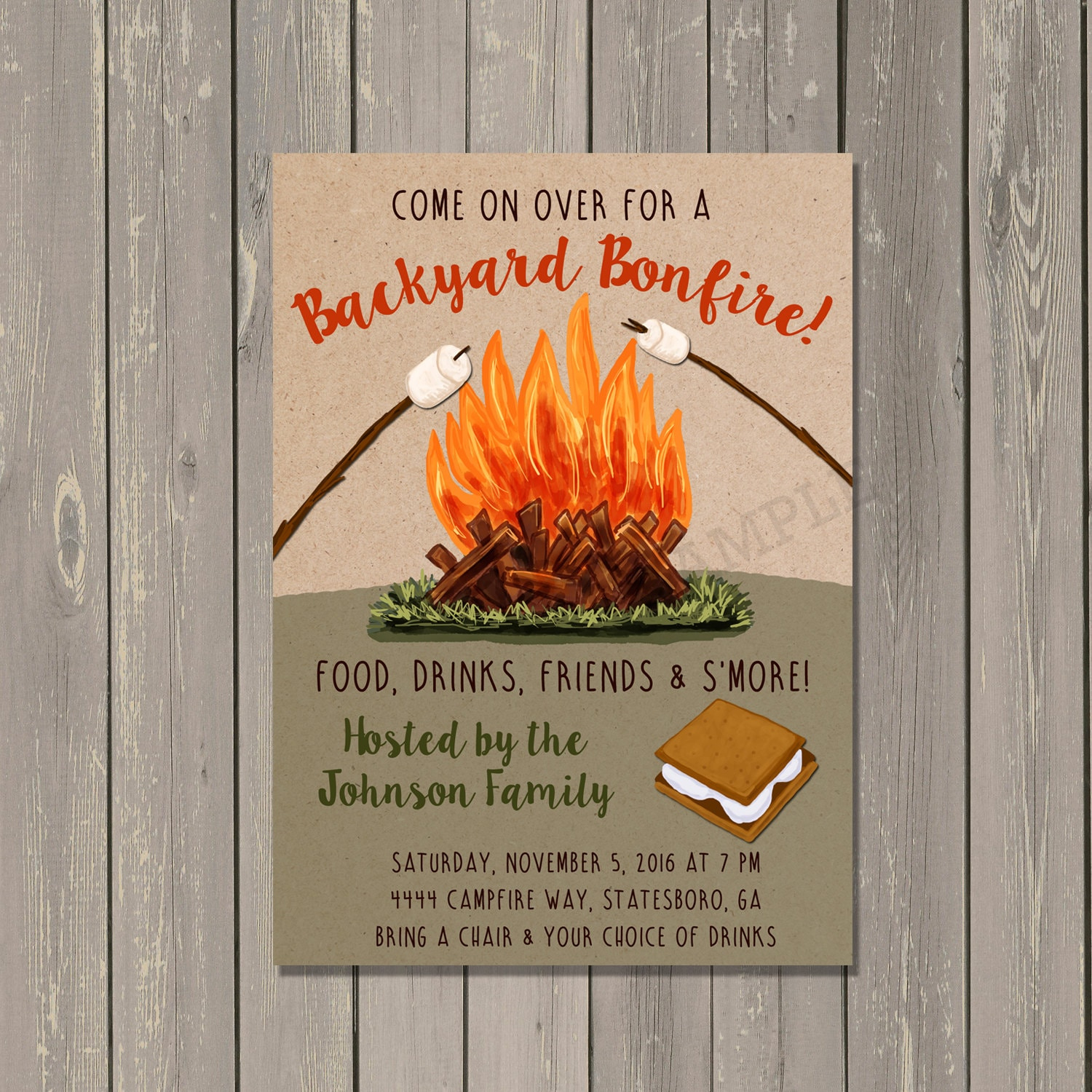 Bonfire Invitation, Backyard Bonfire Party Invitation, Camping Invitation, Smores Party Invite, Backyard Cookout, Printable Or Printed within Free Printable Bonfire Invitation Template