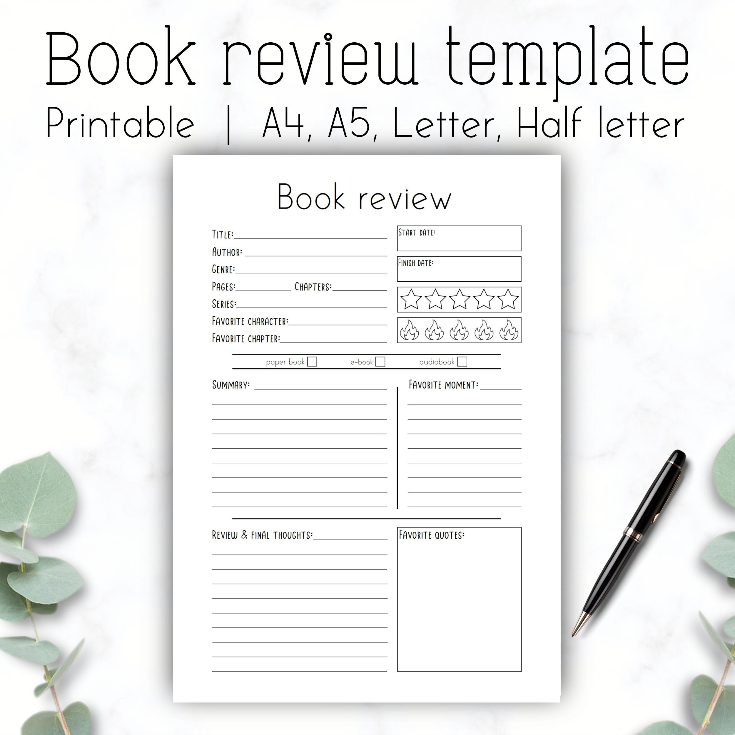 Book Review Template, Simple Book Review Printable, A4 A5 Letter within Free Printable Book Review Template