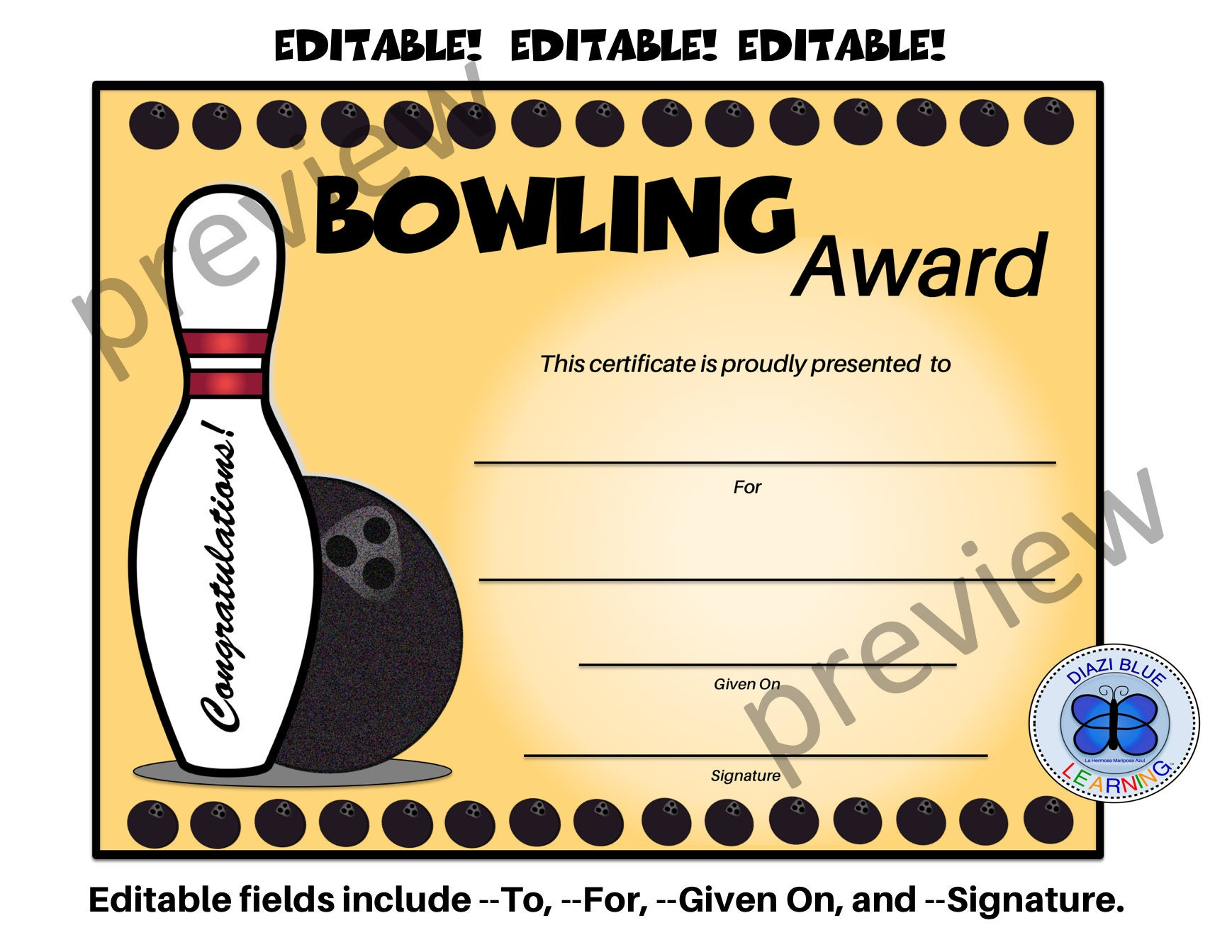 Bowling Certificate, Bowling Award, Editable Bowling Certificate, Editable Certificates, Templates with regard to Free Printable Bowling Certificate Template