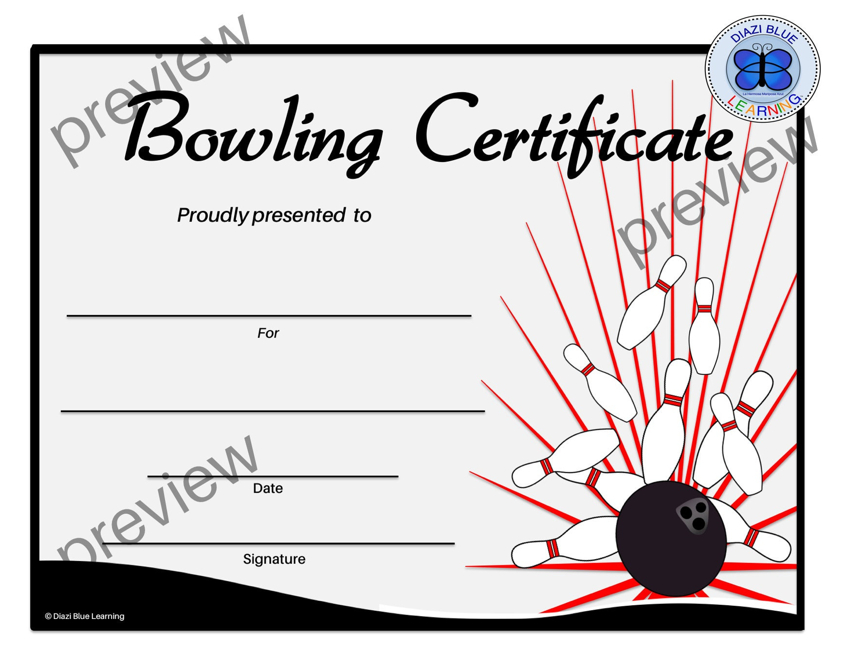 Bowling Certificate, Bowling Award, Editable Bowling Certificate, Pdf Certificate, Editable Certificates, Certificates, Awards, Templates for Free Printable Bowling Certificate Template