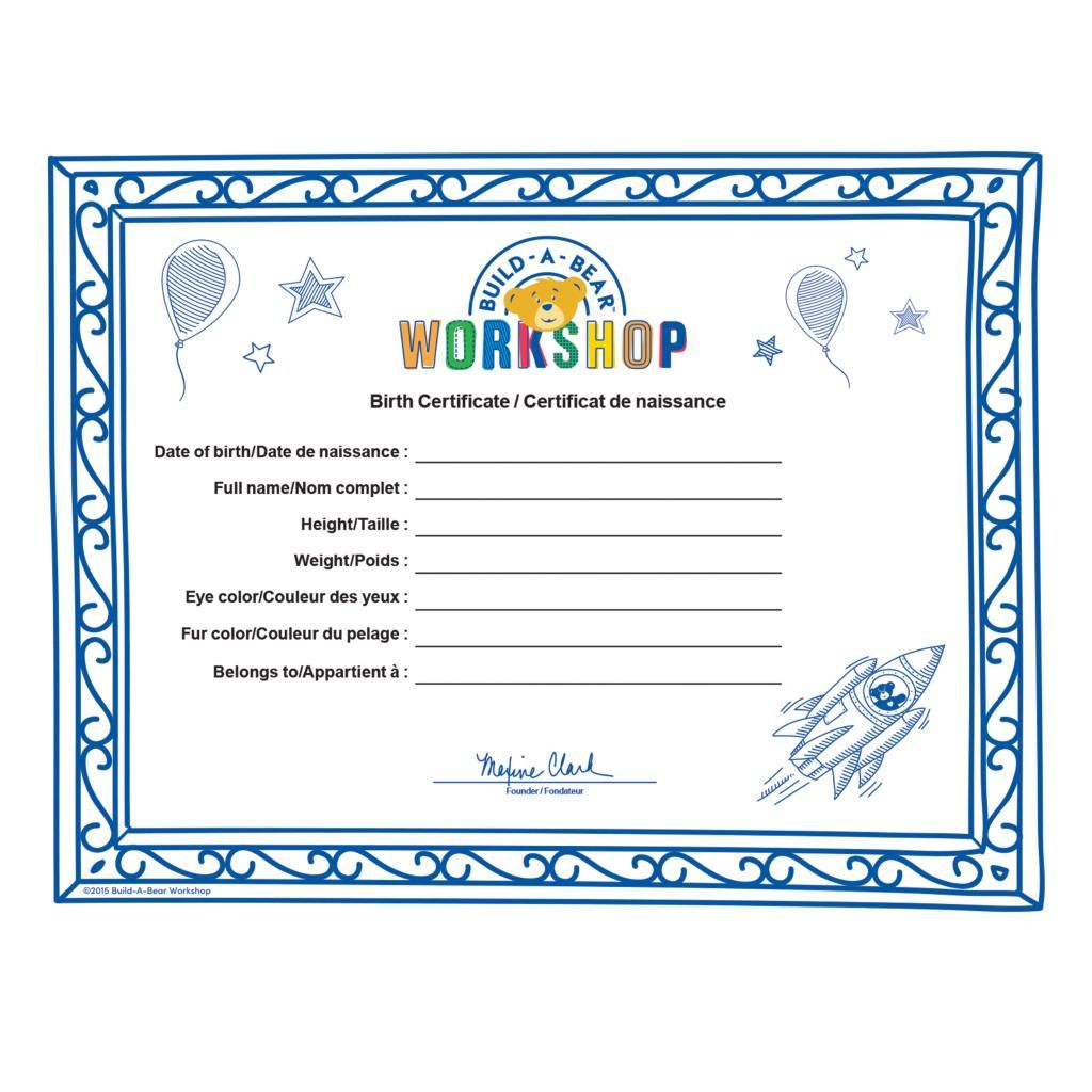 Build A Bear Adoption Certificate intended for Free Printable Build A Bear Birth Certificate Template