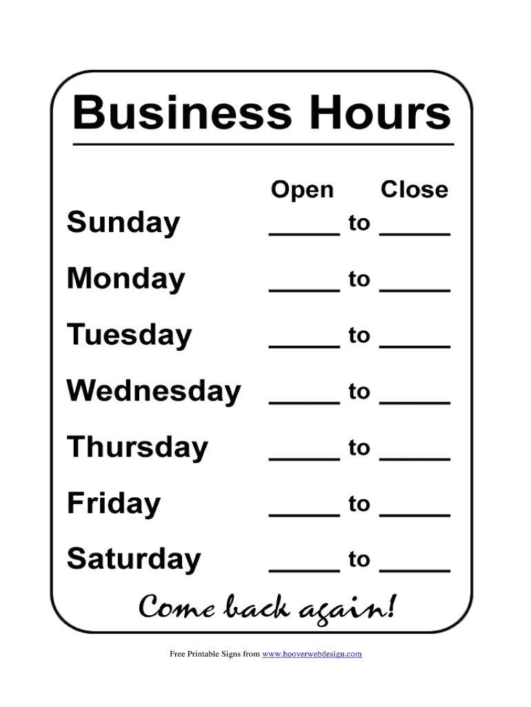 Business Hours Template - Fill Online, Printable, Fillable, Blank in Free Printable Business Hours Sign Template