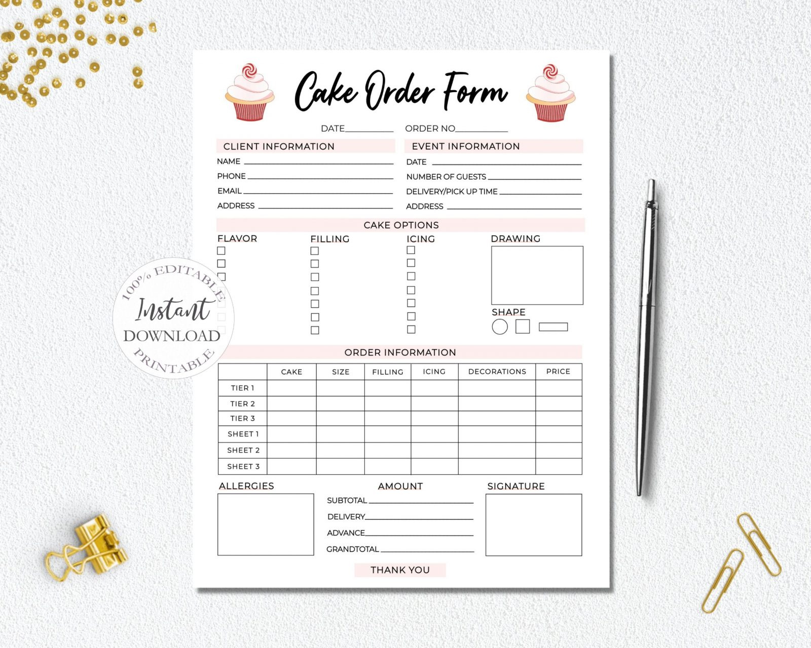 Cake Order Form Editable, Bakery Order Forms Printable, Small Business Templates, Instant Download. pertaining to Free Printable Cake Order Form Template