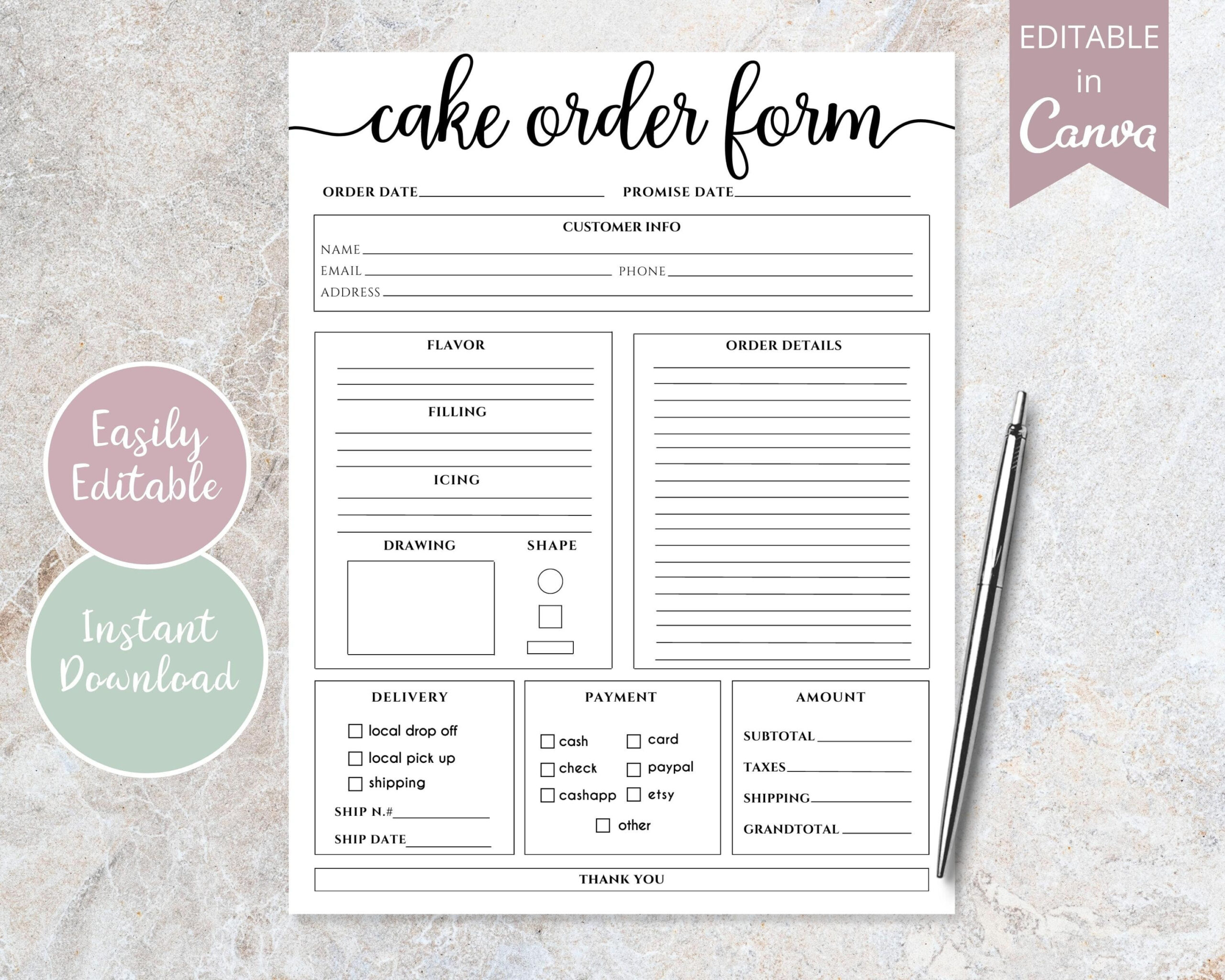 Cake Order Form, Editable Canva Template, Order Forms Template with Free Printable Cake Order Form Template