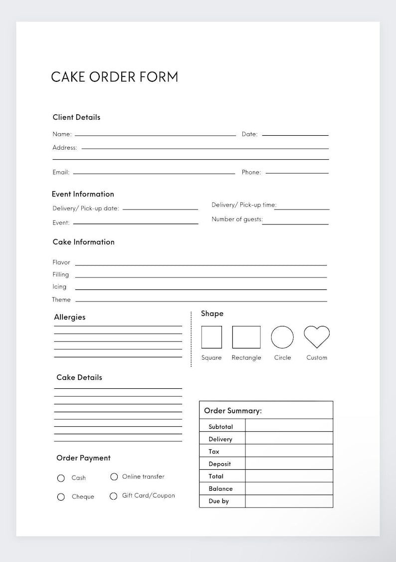 Cake Order Form,Bakery Cake Order Form,Craft Order Form,Small within Free Printable Cake Order Form Template