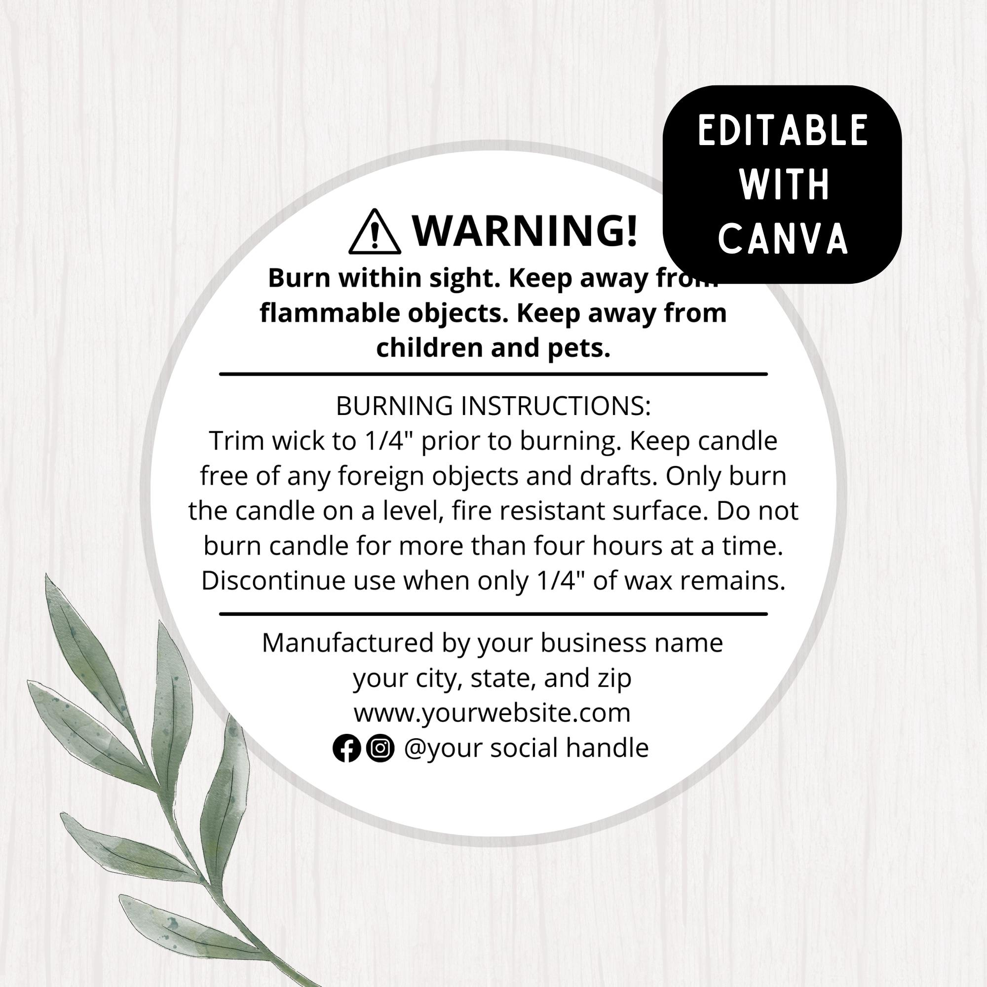 Candle Warning Label Template, Editable Candle Warning Label pertaining to Free Printable Candle Warning Labels Template