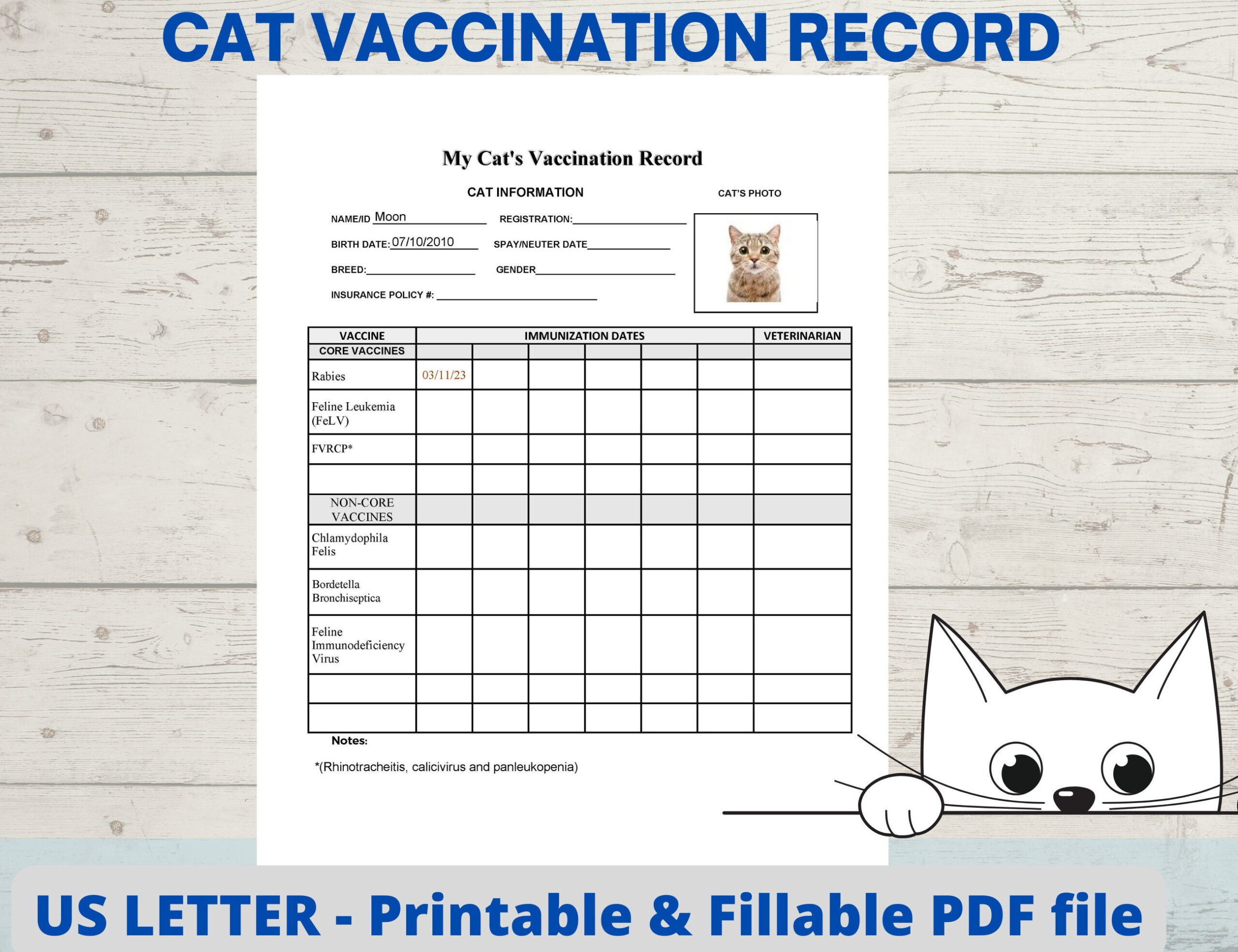 Cat Vaccination Record, Cat Health Record, Cat Shot Record, Pet within Free Printable Cat Vaccination Feline Vaccination Record Template