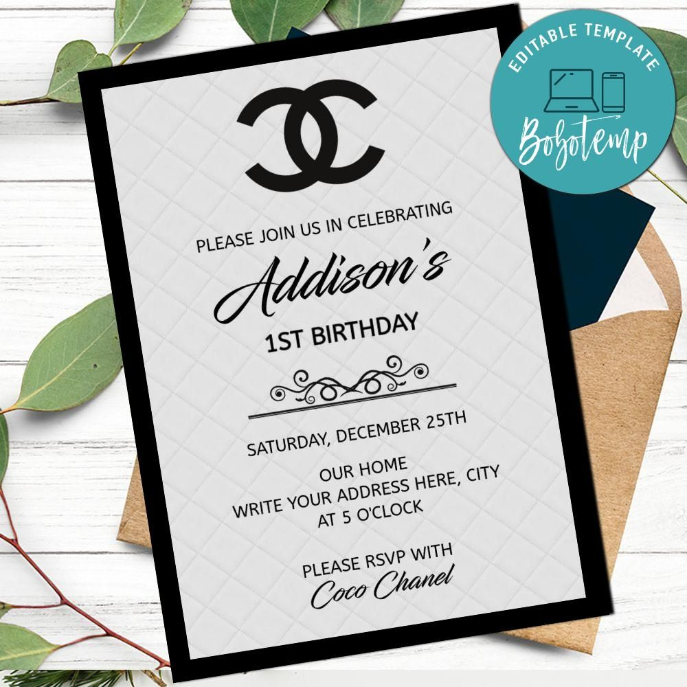 Chanel Birthday Digital Invitation Printable Instant Download intended for Free Printable Chanel Invitation Template