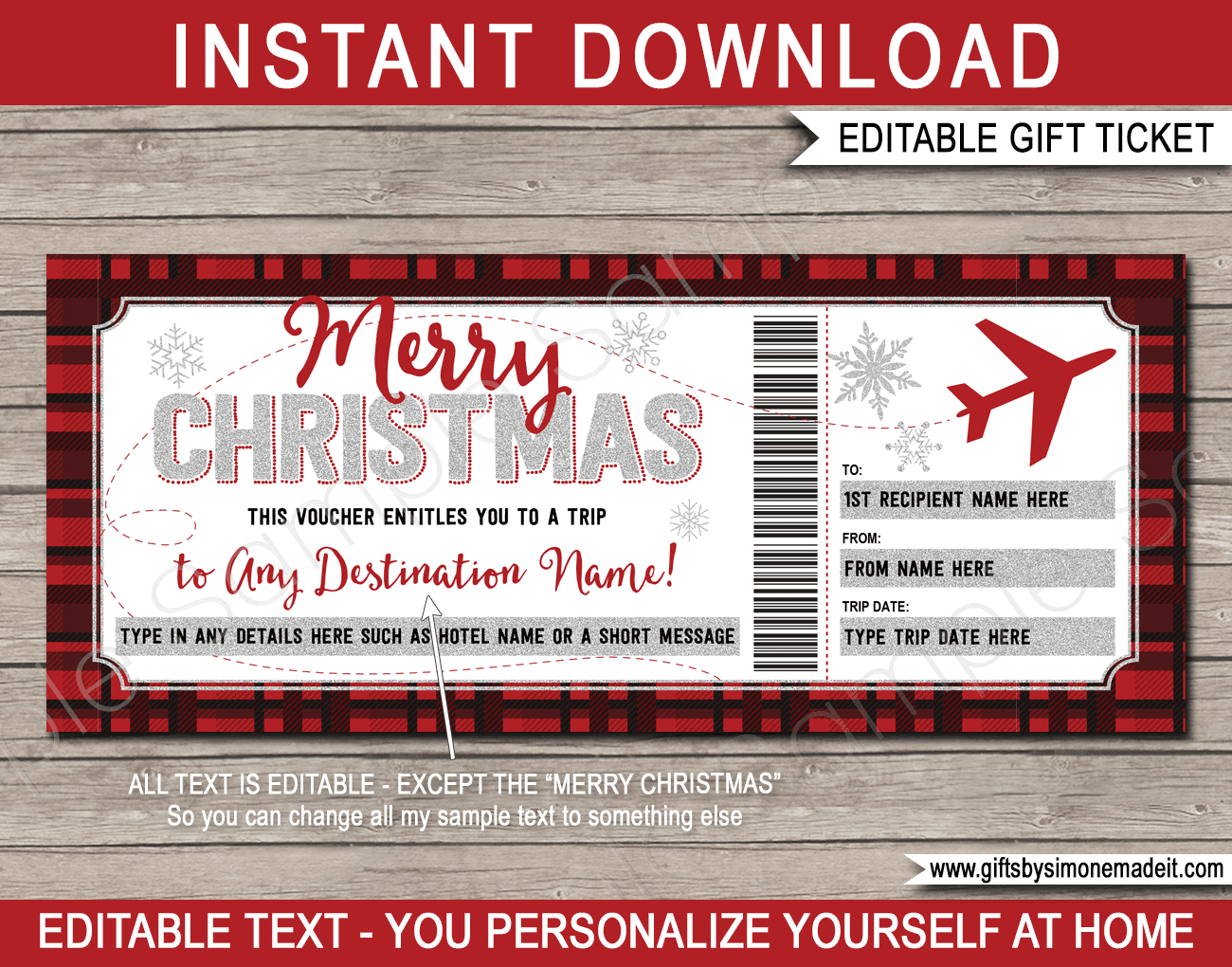 Christmas Plane Ticket Voucher Template - Buffalo Plaid regarding Free Printable Flight Voucher Template