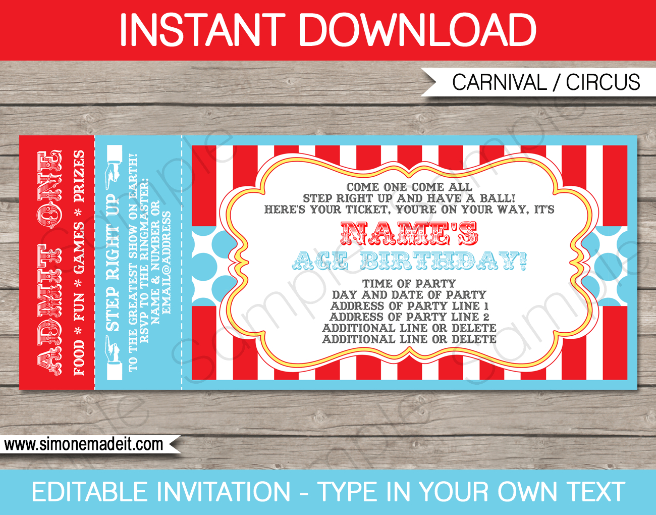 Circus Ticket Invitation Template - Red/Aqua with Free Printable Circus Ticket Template