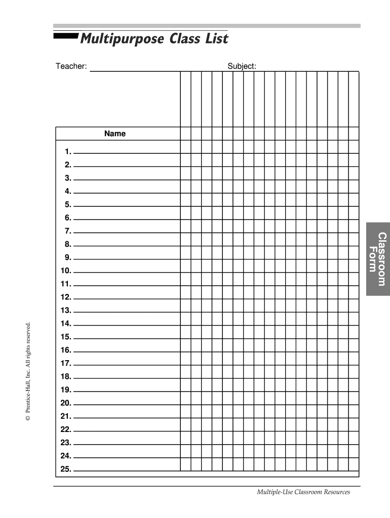 Class List Template - Fill Online, Printable, Fillable, Blank with regard to Free Printable Class Roster Template