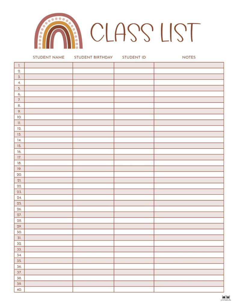 Class List Templates - 12 Free Printables | Printabulls for Free Printable Class List Template