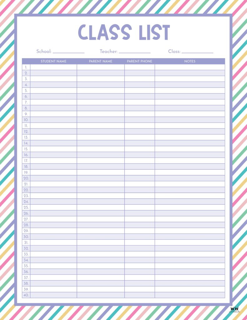 Class List Templates - 12 Free Printables | Printabulls intended for Free Printable Class List Template For Teachers