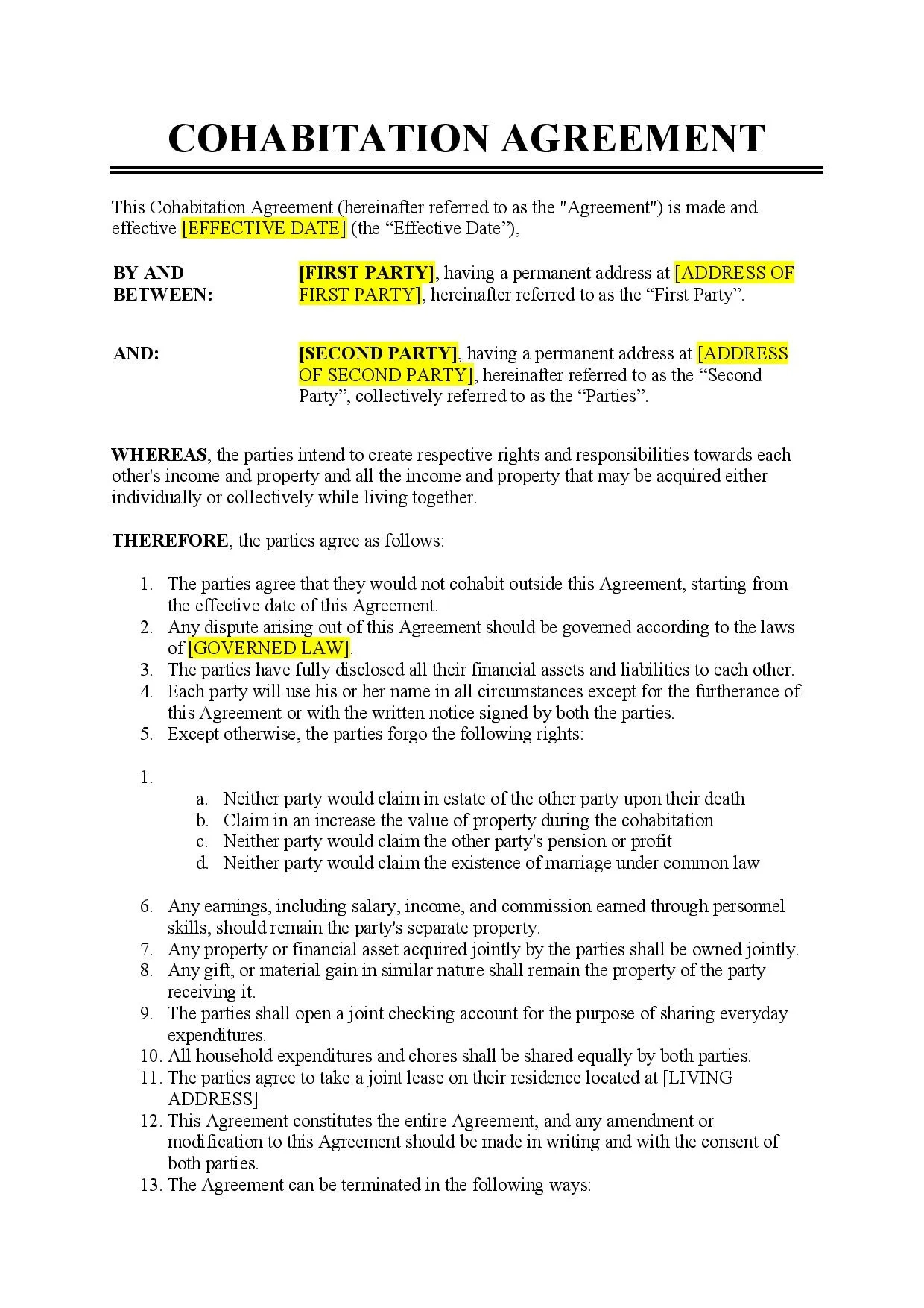 Cohabitation Agreement Template - Free Download - Easy Legal Docs throughout Free Printable Cohabitation Agreement Template