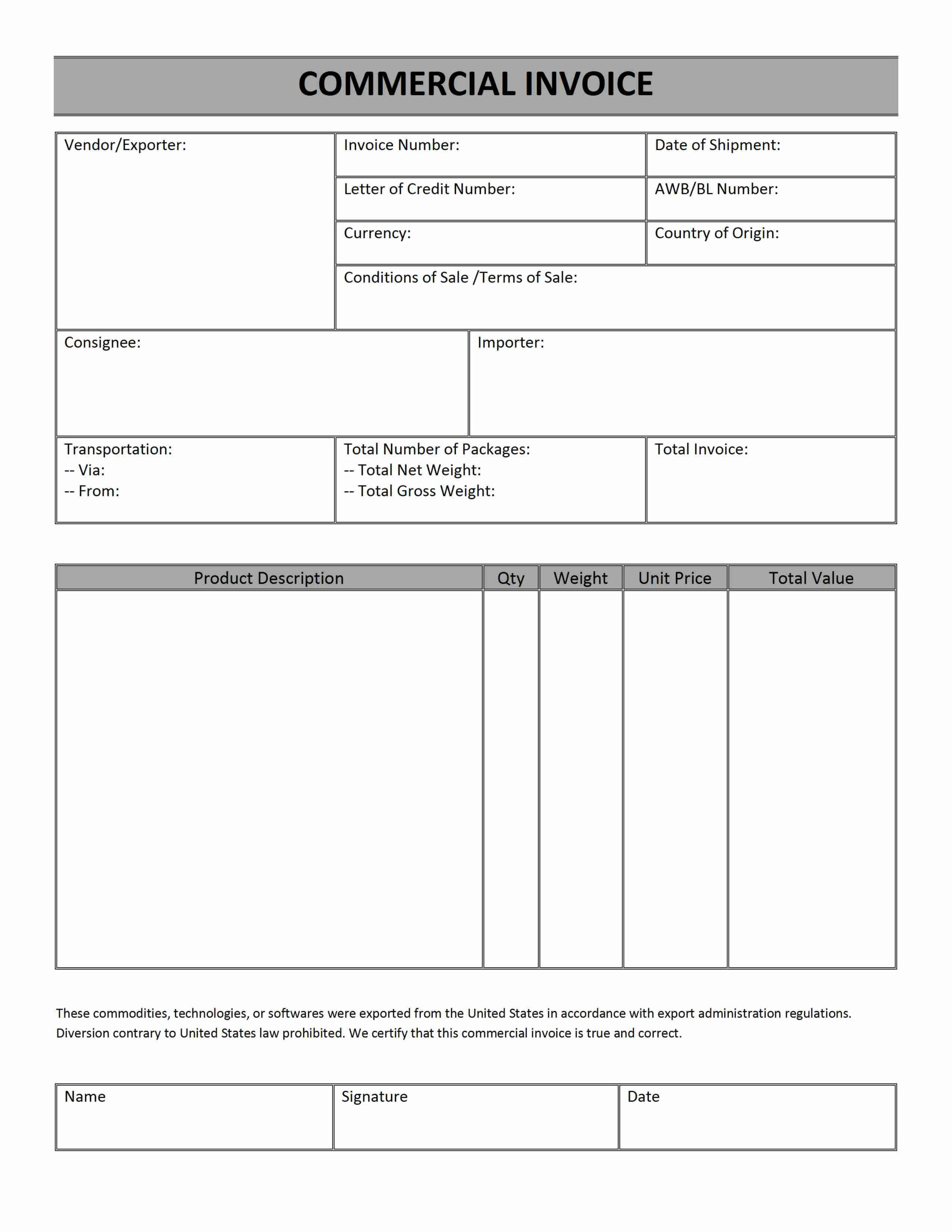 Commercial Invoice pertaining to Free Printable Commercial Invoice Template