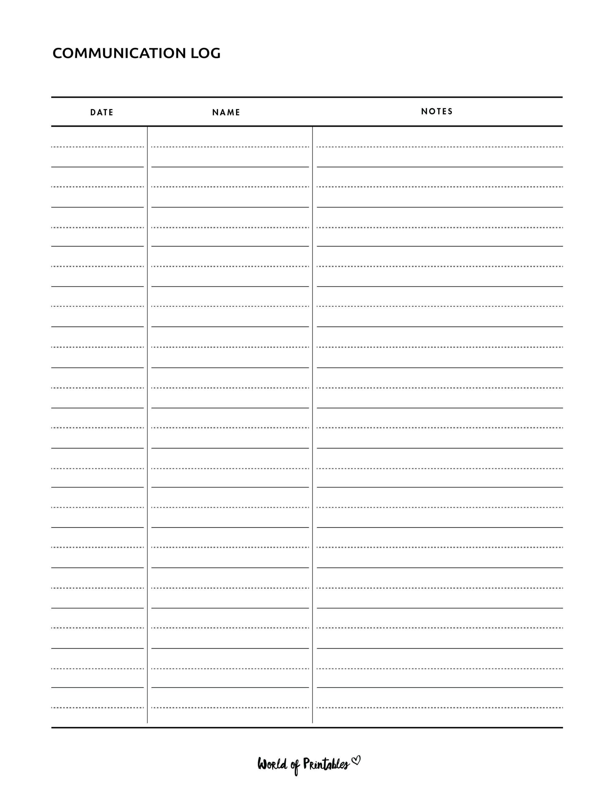 Communication Log - World Of Printables intended for Free Printable Communication Log Template