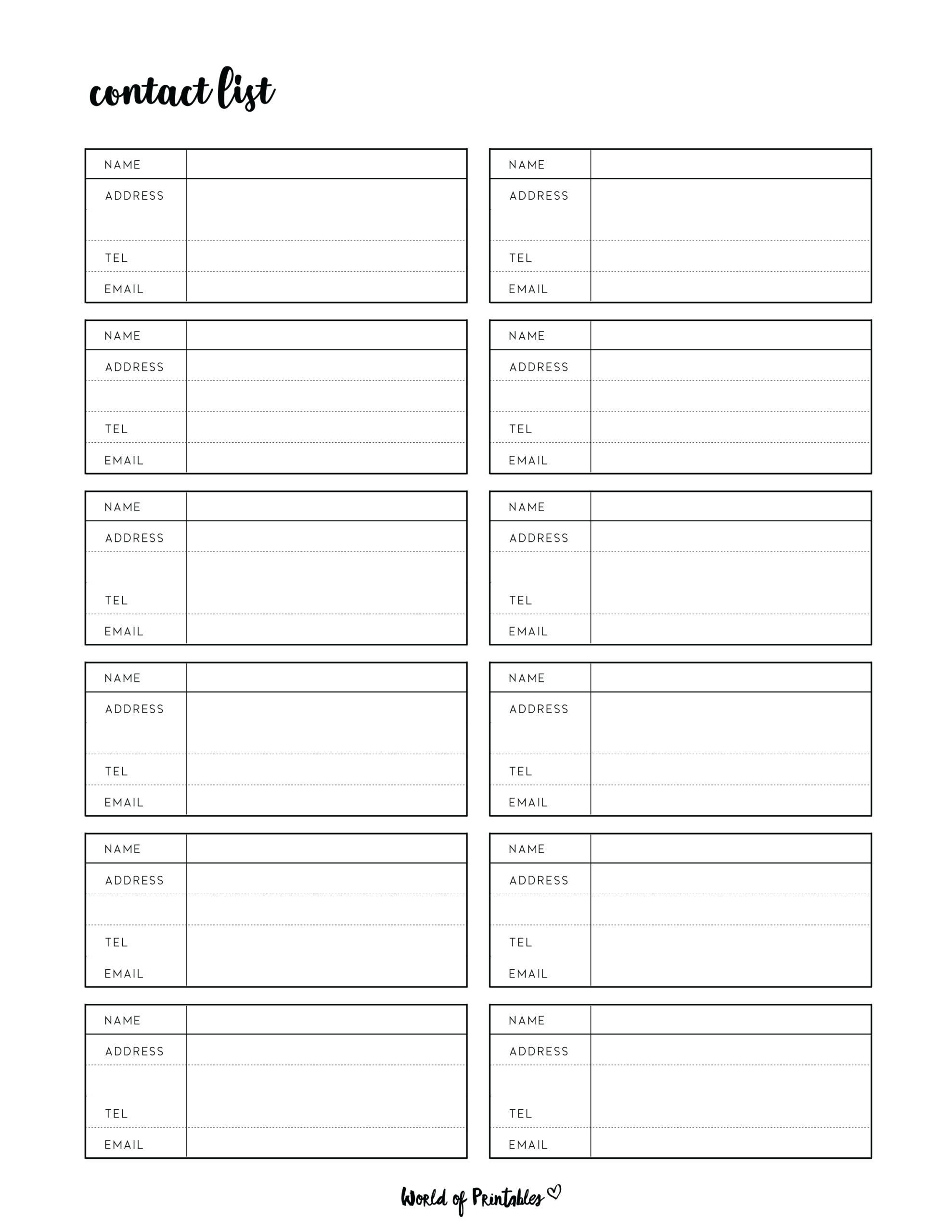 Contact List Templates - 12 Of The Best Styles - World Of Printables with regard to Free Printable Contact List Template