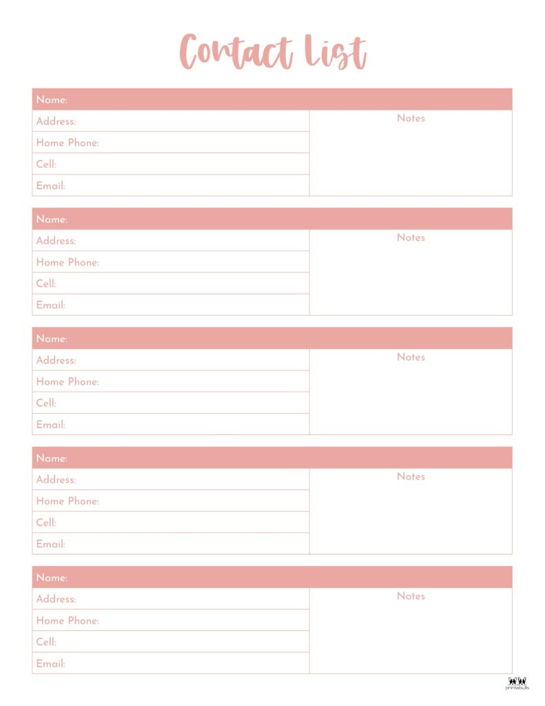 Contact List Templates - 20 Free Printables | Printabulls intended for Free Printable Contact List Template