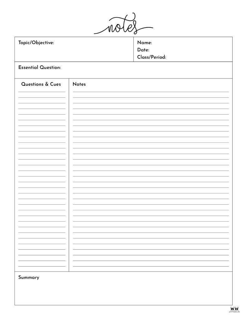 Cornell Notes Templates - 15 Free Printables | Printabulls inside Free Printable Cornell Notes Template