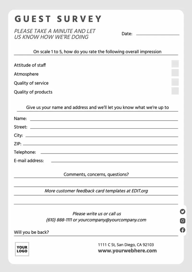 Customize Free Feedback Card Templates Online in Free Printable Comment Card Template