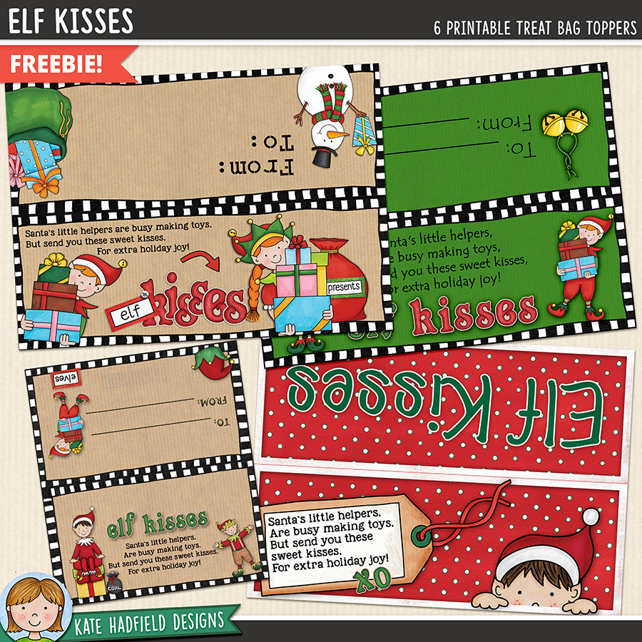 Cute Elf Kisses Treat Bag Topper Printable throughout Free Printable Bag Toppers Template