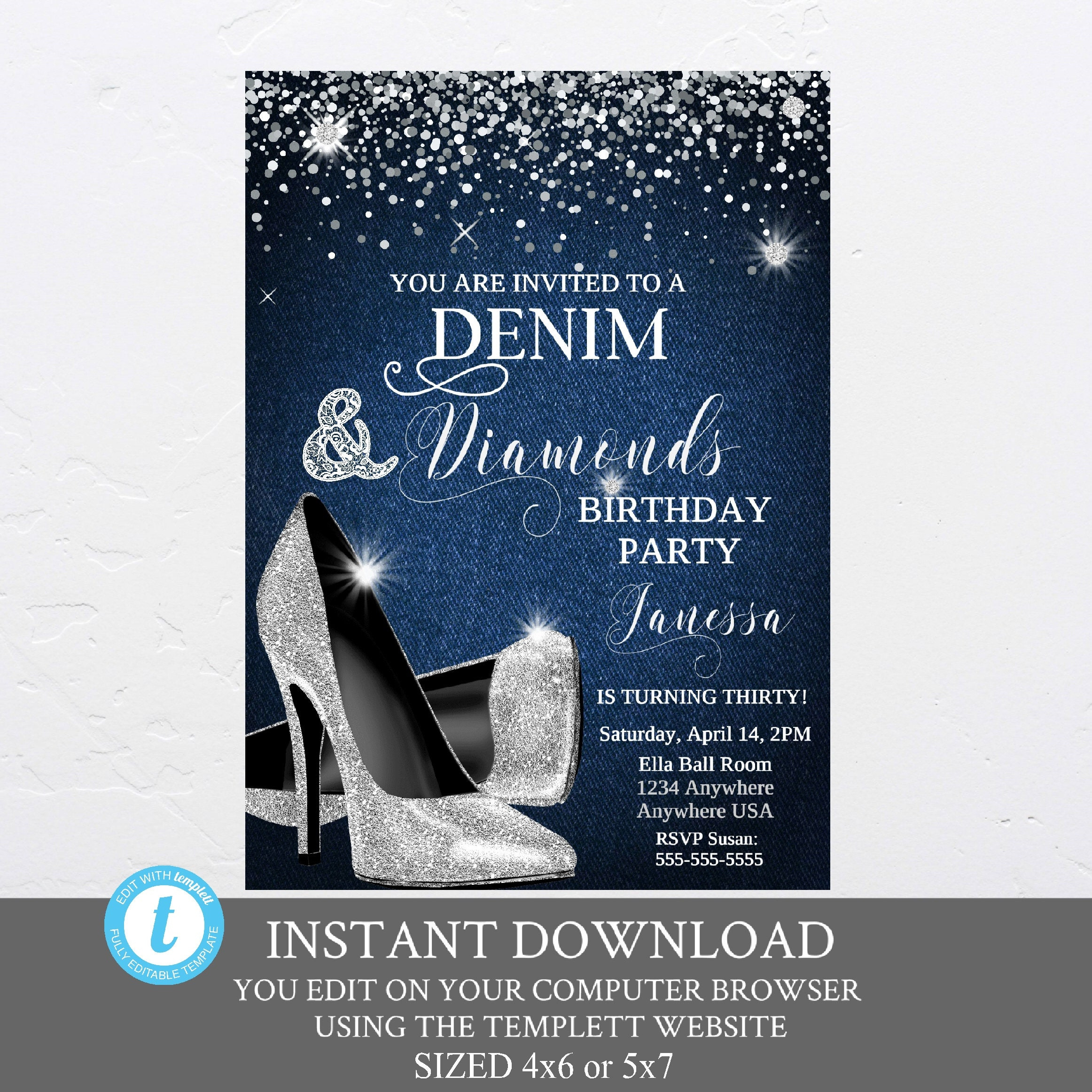 Denim And Diamonds Birthday Party Invitation, Elegant Women pertaining to Free Printable Denim And Diamonds Invitation Template