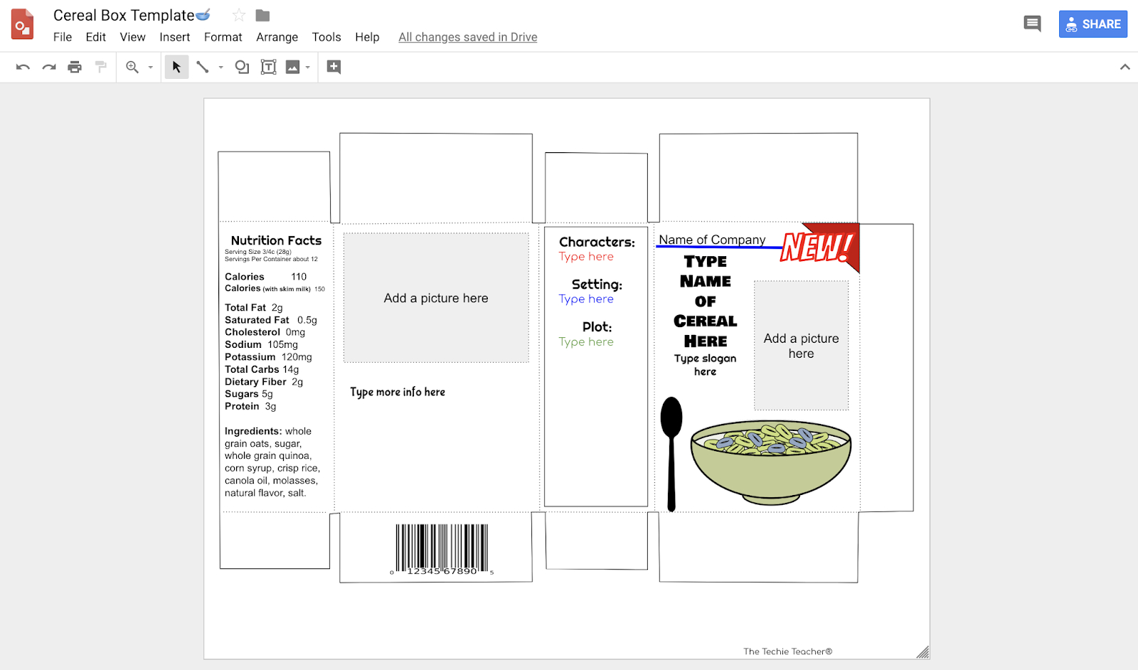 Design A Cereal Box In Google Drawing: Book Report Idea | The within Free Printable Cereal Box Template